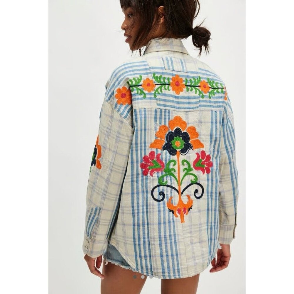 Free People Embroidered Sashiko Shirt Womens S Country Cottagecore Ranch Plaid